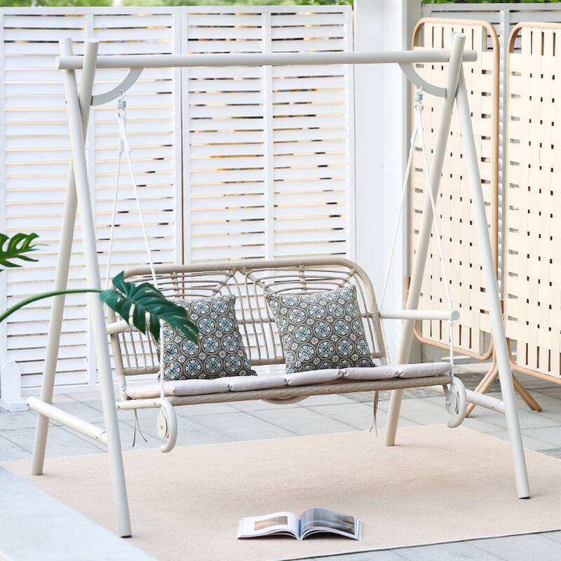 Steel Porch Swing with Stand for 2, Upholstered Cushions and Stand