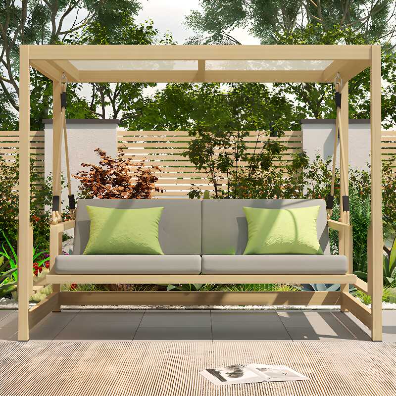 Sepia/Wood Grain Porch Swing with Stand for 3, Rust Resistant Aluminum Frame, Upholstered Cushions, Canopy, and Stand