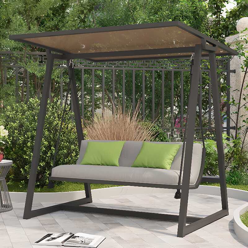 Sepia/Wood Grain Porch Swing with Stand for 2, Water-resistant Alloy Frame with Upholstered Cushions, Canopy, and Stand