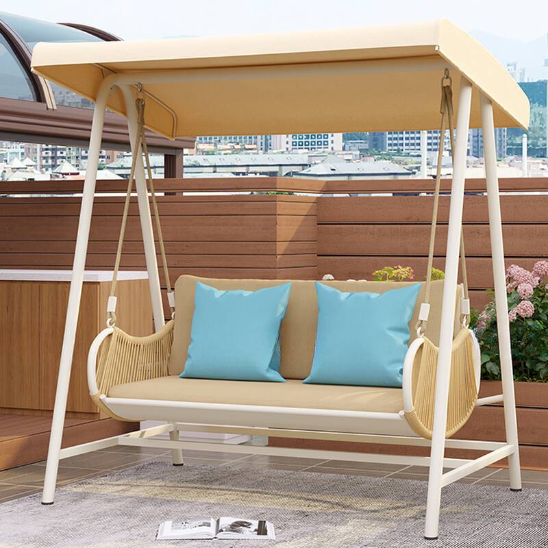 Beige/Sage Green/Sepia Water-resistant Aluminum Porch Swing with Stand for 2, Upholstered with Canopy