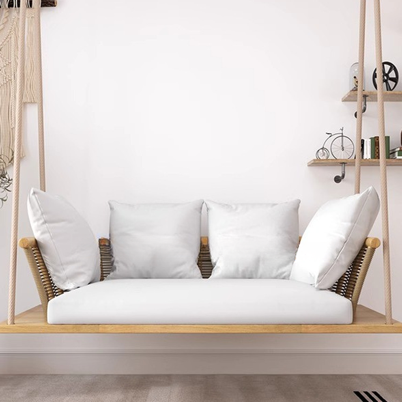 Light Brown/Wood Grain Natural Wood Hanging Porch Swing with Upholstered Cushions