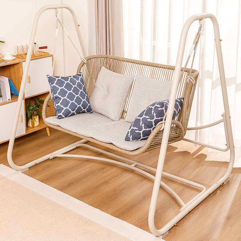 Beige Porch Swing with Stand for 2, Rust Resistant Alloy Frame with Upholstered Cushions and Stand