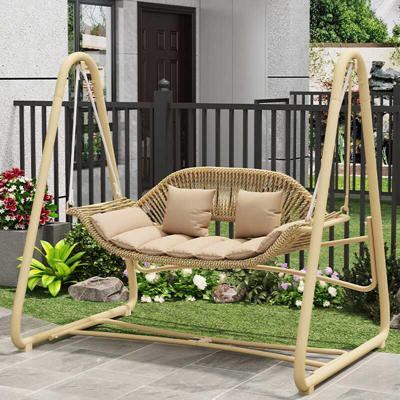 Wood Grain Water-resistant Alloy Porch Swing with Stand and Upholstered Cushions