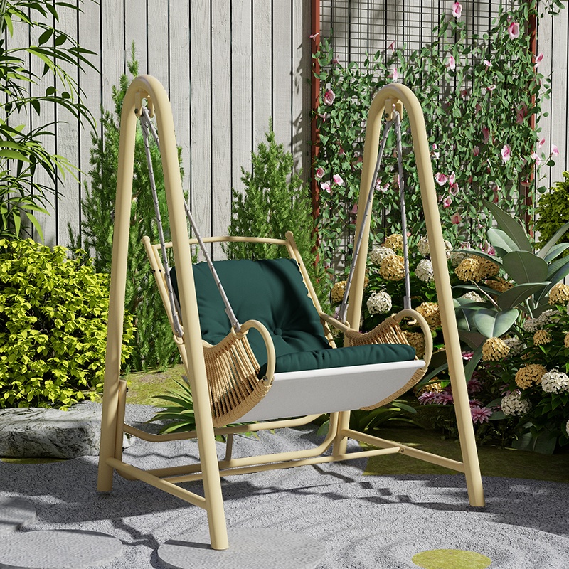 Beige Water-resistant Alloy Porch Swing with Stand and Upholstered Cushions