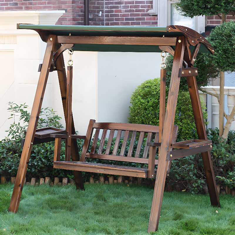 Sepia Wood Porch Swing with Stand for 2 with Upholstered Cushions and Canopy