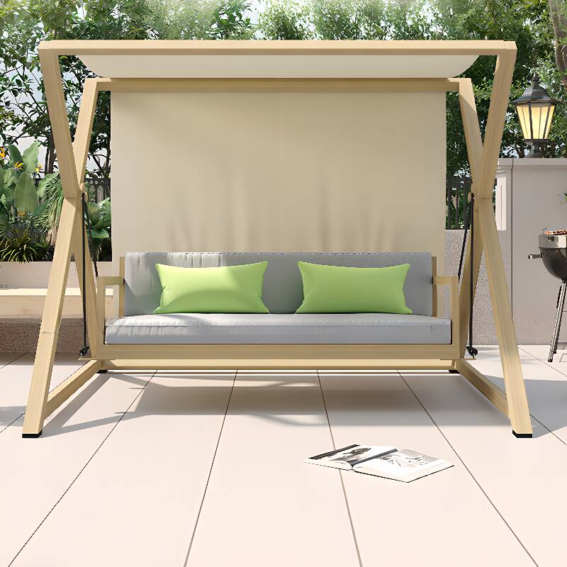 Light Brown Wood Grain Water-resistant Aluminum Porch Swing with Stand, Upholstered Cushions, Canopy, and Stand
