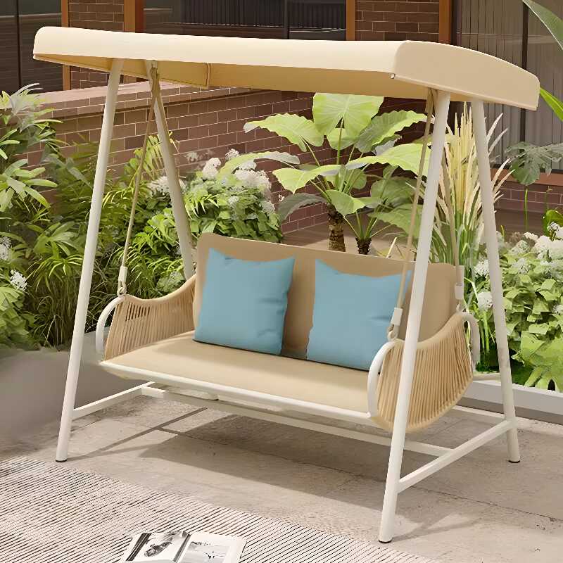 Beige/Sage Green/Light Brown Water-resistant Aluminum Porch Swing with Stand, Upholstered Cushions, Canopy, and Stand
