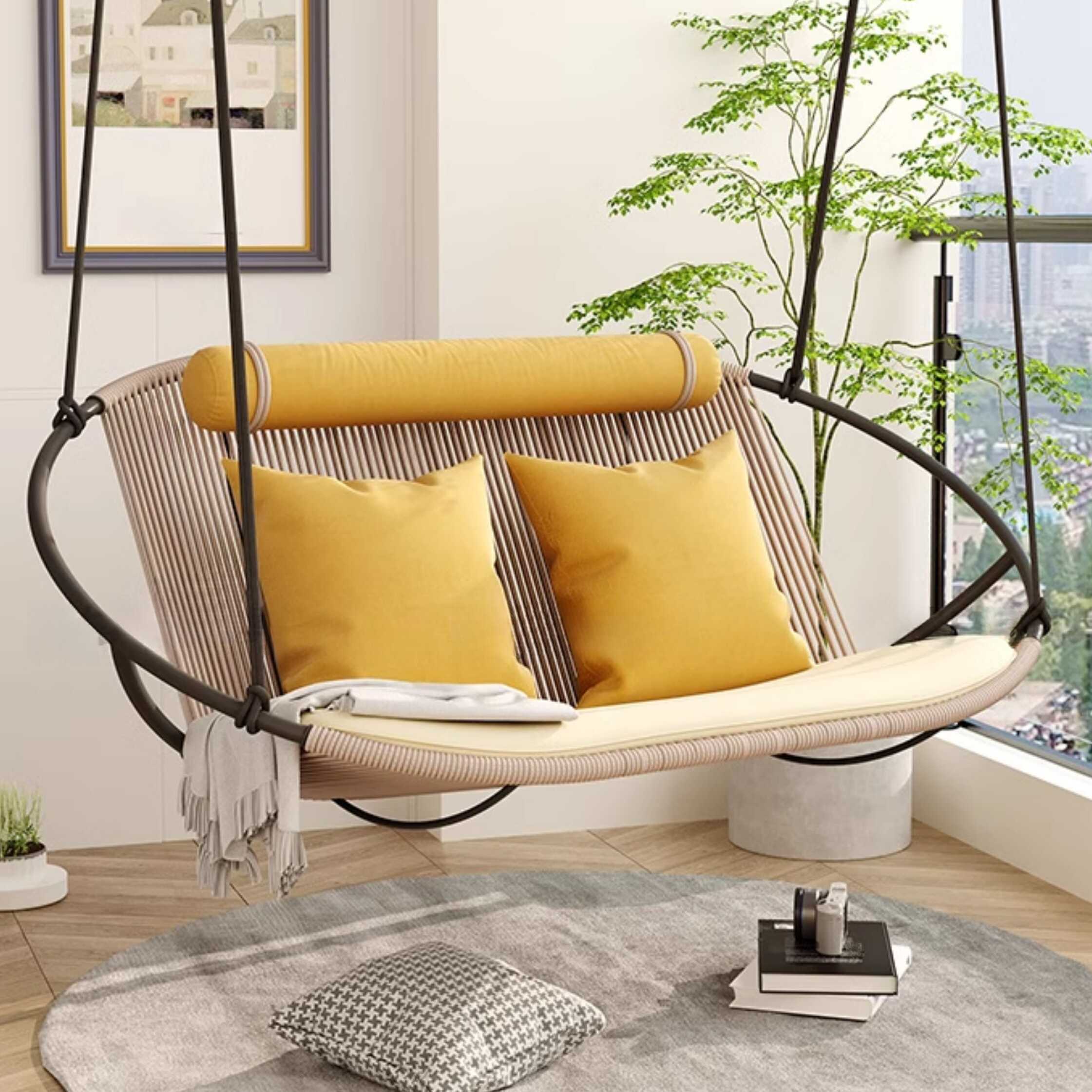 Simplistic Midnight Black Hanging Porch Swing with Alloy Frame and Upholstered Cushions