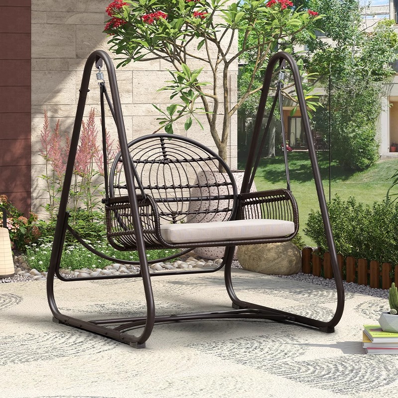 Tropical Light Brown Aluminum Porch Swing with Stand for 2, Upholstered with Stand