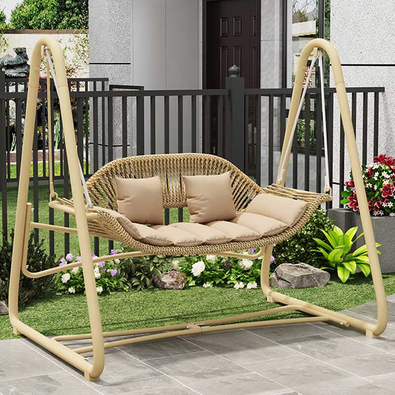 Tropical Wood Grain Porch Swing with Stand for 3/Seating for 2, Aluminum Frame, Upholstered Cushions, Stand Included