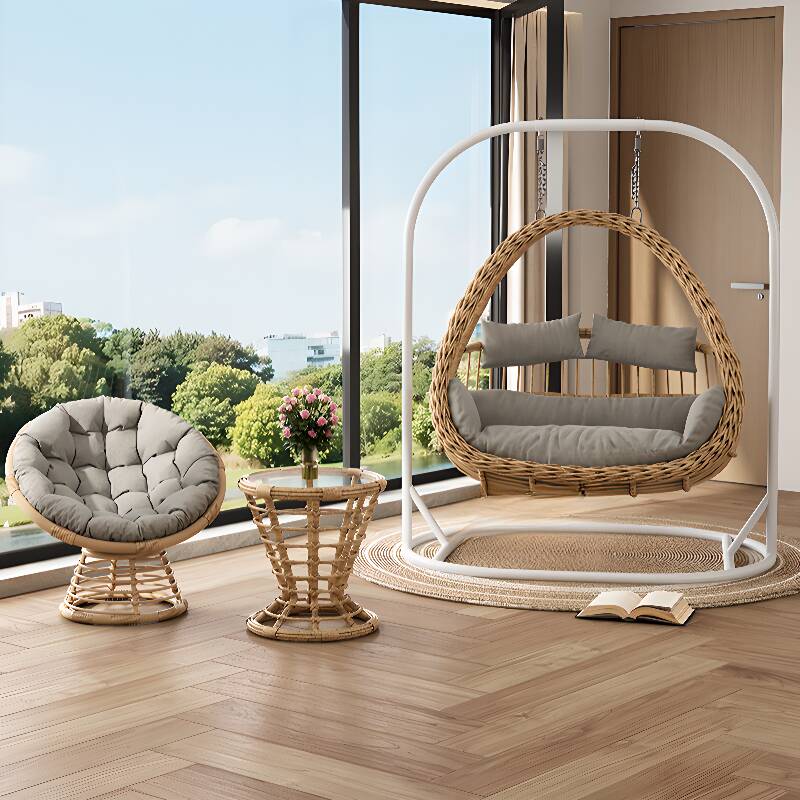 Tropical Sepia Steel Porch Swing with Stand for 2, Upholstered with Chain and Stand