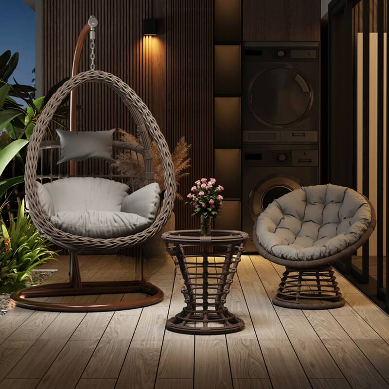 Tropical Sepia Porch Swing with Stand, Seating for 2, Alloy Frame, Upholstered Cushions, Chain, and Stand