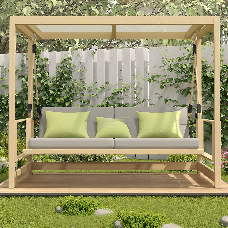 Dove Grey Sepia Wood Grain Porch Swing with Stand for 3, Alloy Frame, Upholstered Cushions, Canopy, and Stand