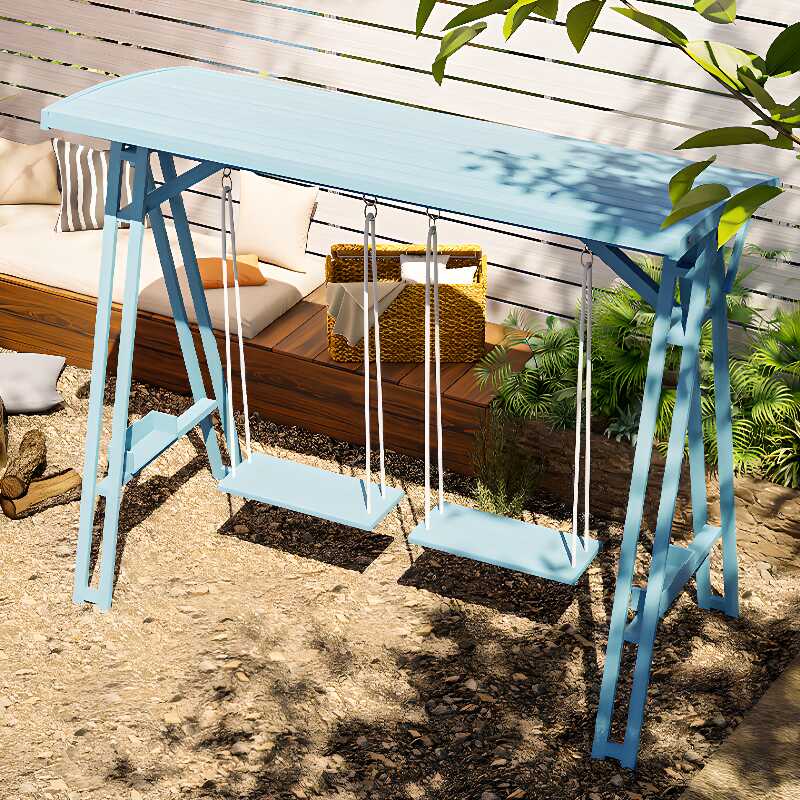 Cottage Light Blue/Wood Grain Wood Porch Swing with Stand for 2, Chain and Stand Included