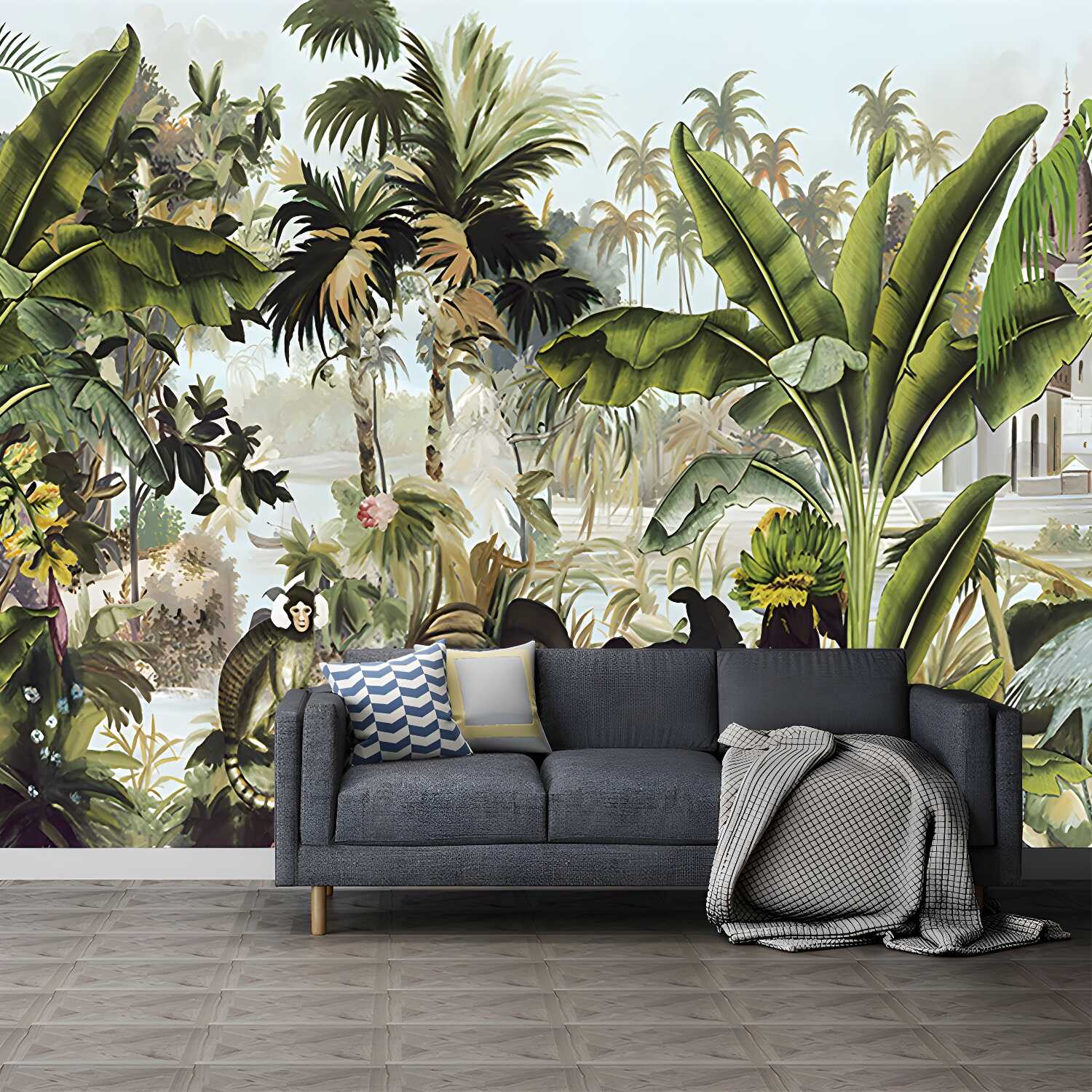 Tropical Plant Manor Wall Mural Green Stain Resistant Wall Covering for Living Room