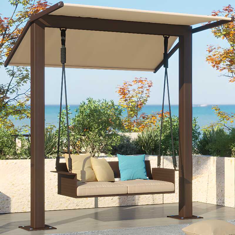 Light Brown/Wood Grain Alloy Porch Swing with Stand for 2, Upholstered with Canopy and Stand