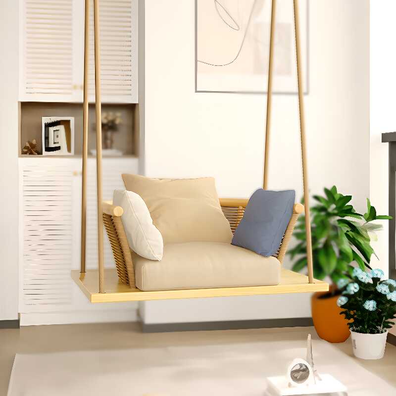 Light Brown/Wood Grain Hanging Porch Swing for 2, Natural Wood Frame, Upholstered Cushions