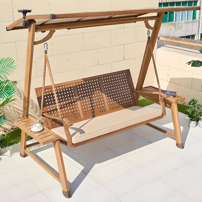 Wood Grain Aluminum Porch Swing with Stand for 3/Seating for 2, Upholstered with Canopy and Stand