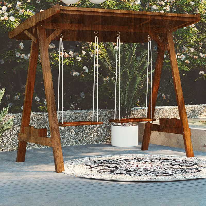 Azure/Sepia Wood Porch Swing with Stand for 2/3, Canopy and Stand Included