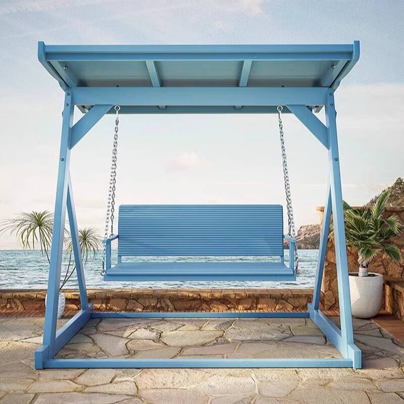 Azure Sepia Wood Porch Swing with Stand for 2, Featuring Chain, Canopy, and Stand
