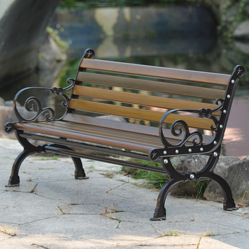 Simple Outdoor Bench Waterproof Alloy/Engineered Wood with Back and Curved Arm in Ink