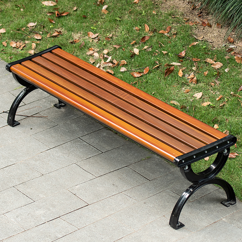 Simple Outdoor Bench in Sepia Alloy with Back and Curved Arm