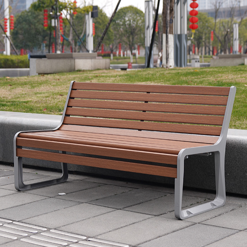Simple Outdoor Bench in Tan with Back and Stainless Steel Frame