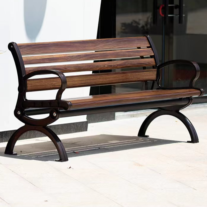 Simple Outdoor Bench with Engineered Wood in Sepia, Featuring Back and Curved Arm