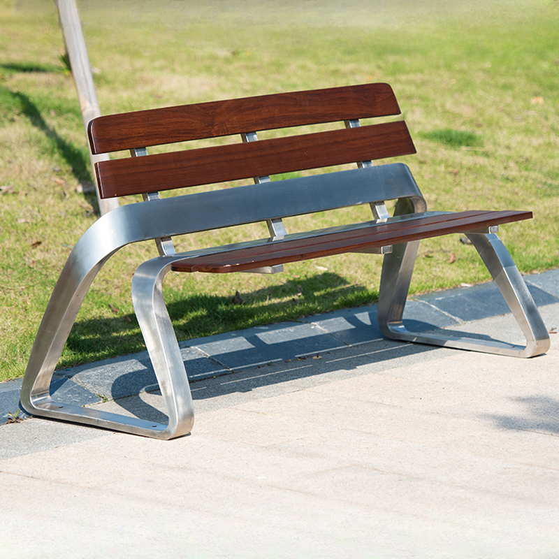 Simple Outdoor Bench with Alloy/Engineered Wood in Sepia/Stainless Steel and Back