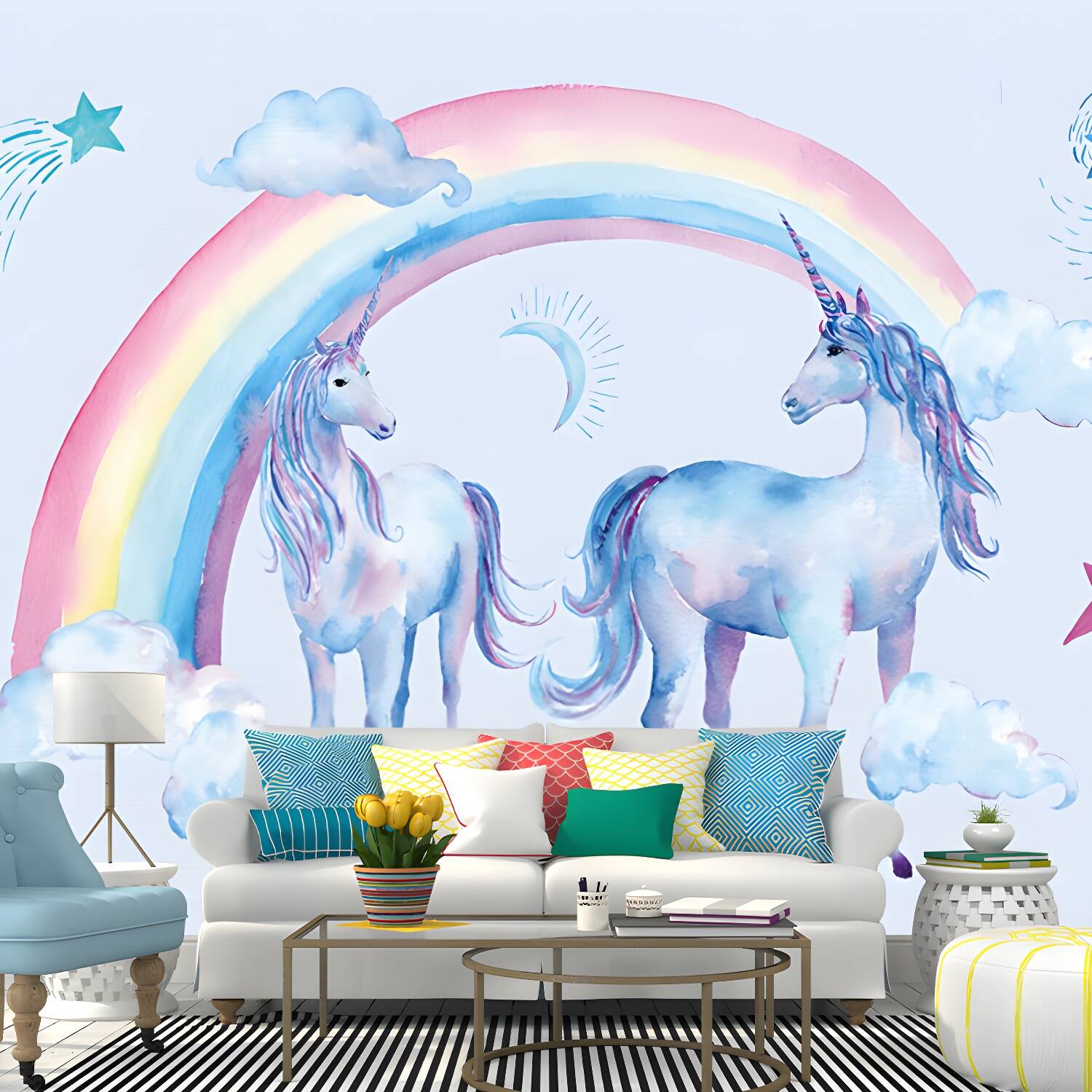 Non-Woven Washable Murals Childrens Art Unicorn and Rainbow Wall Decor for Bedroom