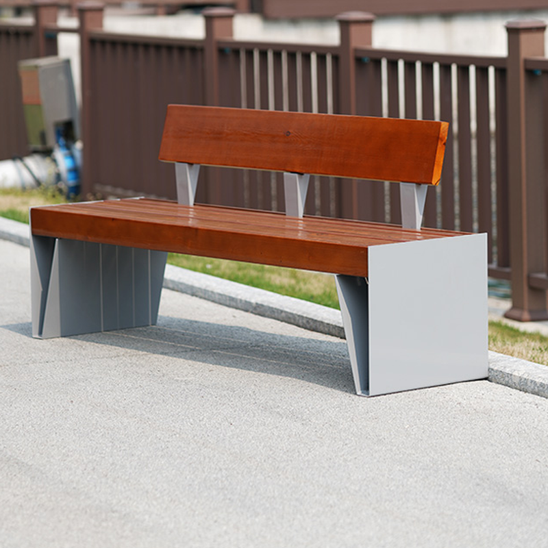 Simple Yellow/Orange Outdoor Bench with Engineered Wood, Back, and Curved Arm