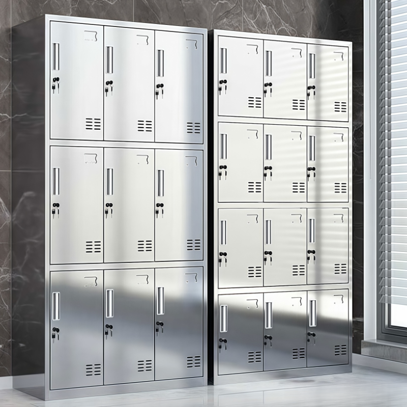 Metallic Stainless Steel 2-layer Gym & Locker Room Lockers with Shoe Storage, Key Locking, Louvered Doors, and Nine Compartments