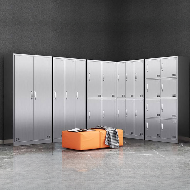 Metallic Stainless Steel Gym & Locker Room Lockers with Partial Assembly, Shoe Storage, Key Locking, Louvered Doors, and 3-Wide Compartments