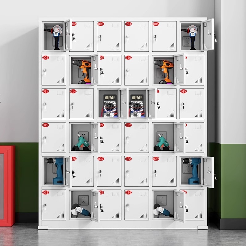 Beige Alloy Cell Phone Lockers with Ventilated Doors, Installation Required, Partial Assembly, Personalization, and 5-Wide Compartments