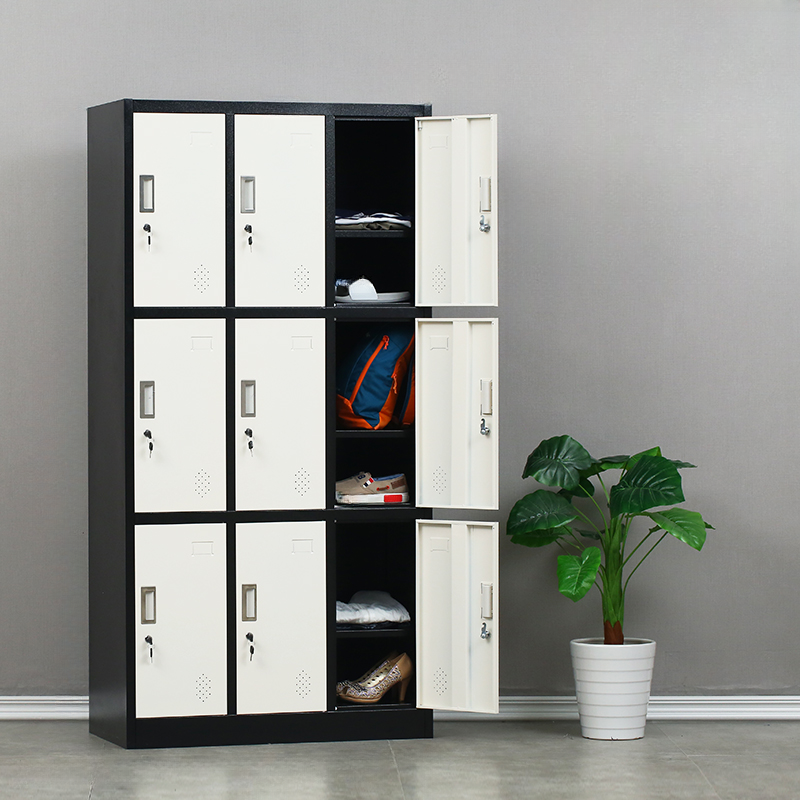 Modish 3-layer/2-layer Employee Lockers with Shoe Storage, Ventilated Doors, Nine Compartments/6 Compartments, 3-Wide, and Lock