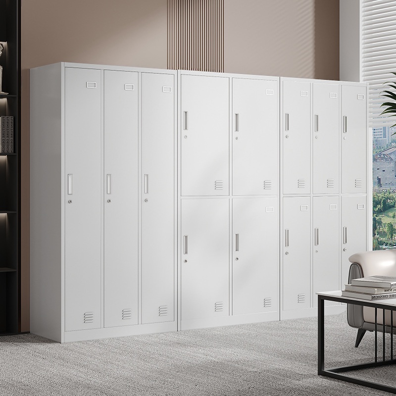White Modish 5 Tiers/2-layer/3-layer Employee Lockers with Shoe Storage, Louvered Doors, 10 or More/Nine/Eight Compartments, 3-Wide/2-Wide
