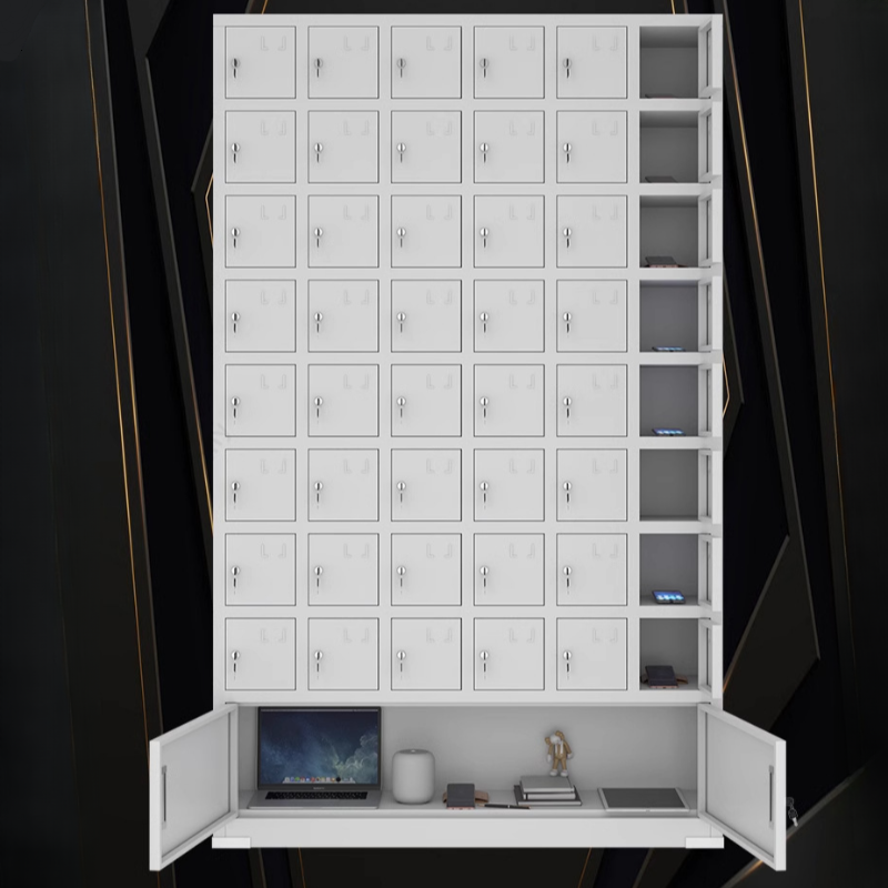 White Modish Cell Phone Lockers with 10 or More Compartments, 5-Wide or more/4-Wide, Lock, Name & Number Plate, and Locker Base