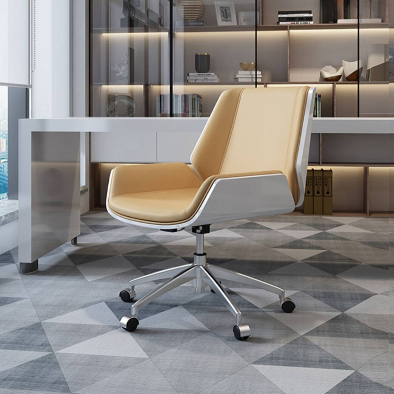 Art Deco Tanned Hide Studio Chairs in Ink/Lemon Colour/Amber Colour with Swivel Wheels, Fixed Arms, and Ergonomic Design