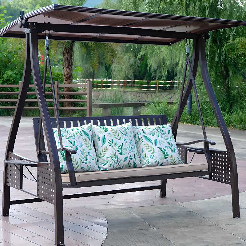 Aluminum Porch Swing with Stand for 3/2 with Upholstered Cushions and Canopy