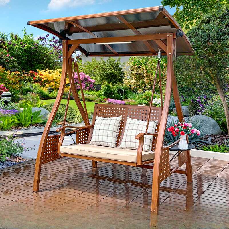 Light Brown Steel Porch Swing with Stand for 2/4 People with Upholstered Cushions and Canopy