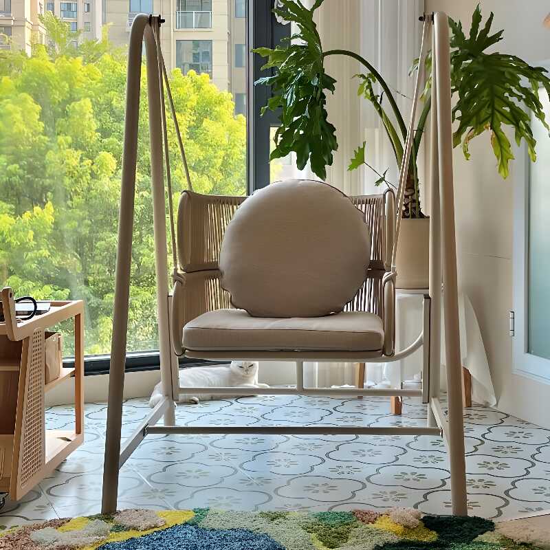 Beige Alloy Porch Swing with Stand, Upholstered with Stand