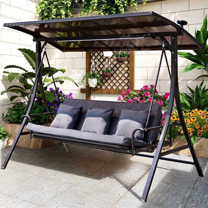 Dark Gray Aluminum Porch Swing with Stand for 3, Upholstered Cushions, Canopy, and Stand