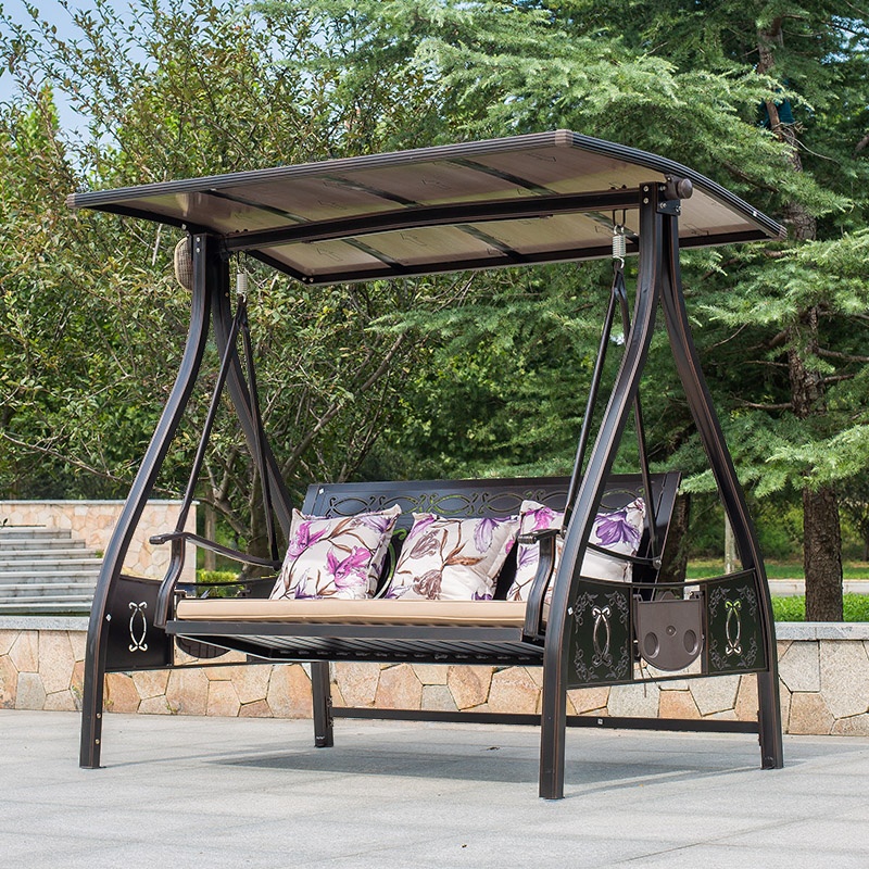 Tan/Wood Grain Aluminum Porch Swing with Stand for 3/Seating for 2, Upholstered Cushions, Canopy, and Stand