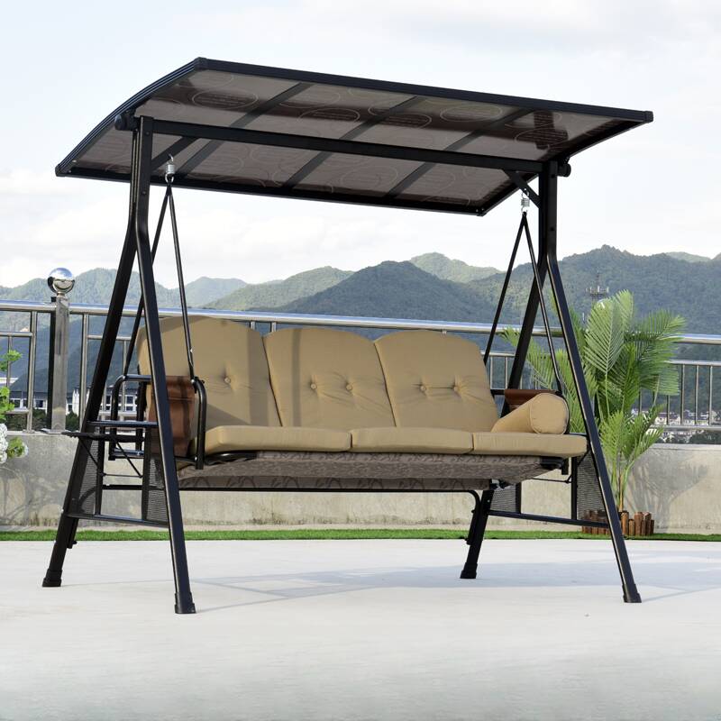 Porch Swing with Stand for 3, Steel Frame, Upholstered Cushions, Canopy and Stand Included