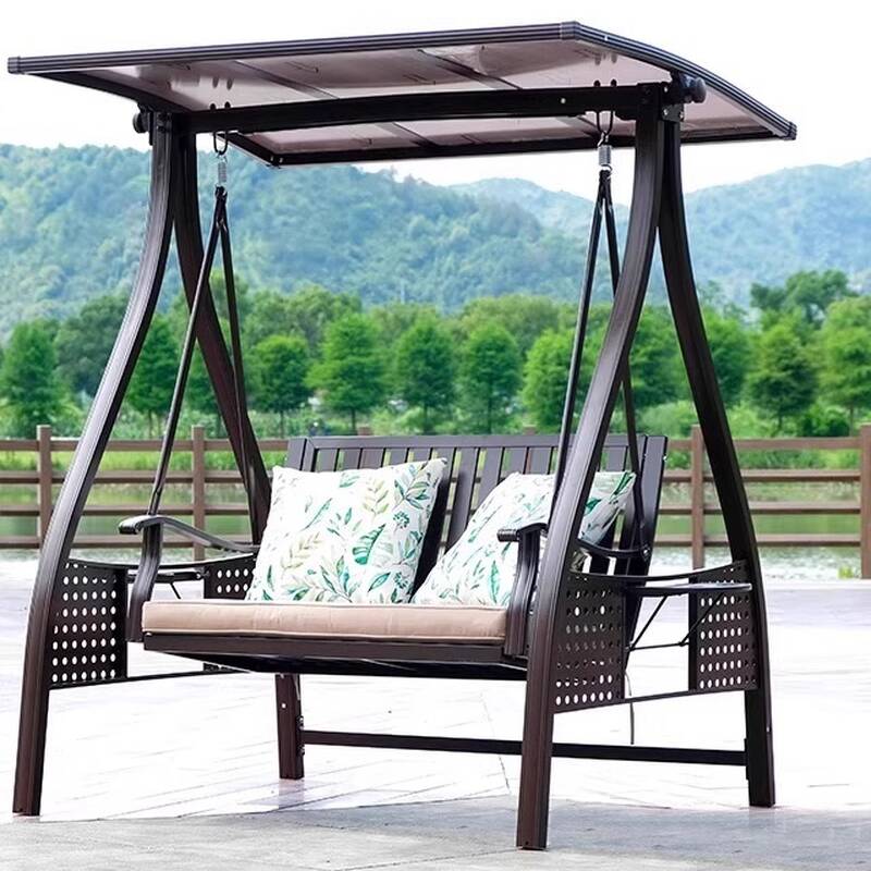 Pecan Porch Swing with Stand for 2/3, Alloy Frame, Upholstered Cushions, Canopy and Stand Included