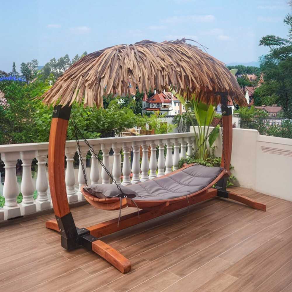 Wood Grain Porch Swing with Stand for 3, Solid Wood Frame, Upholstered Cushions, Chain, Canopy, and Stand Included
