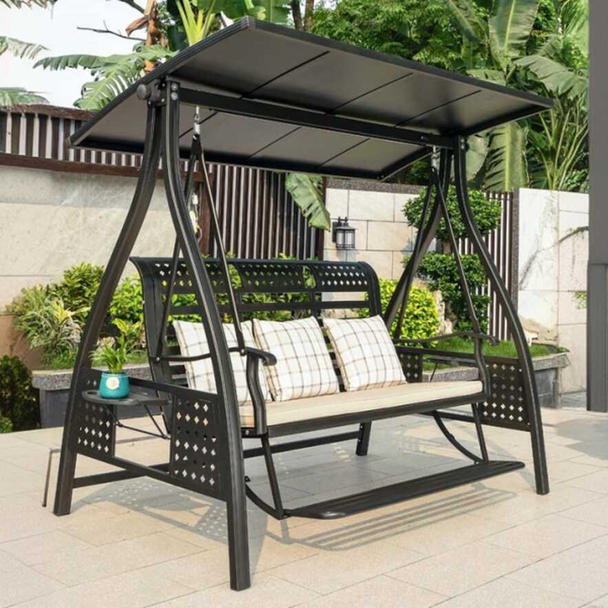 Aluminum Porch Swing with Stand Featuring Upholstered Cushions and Canopy