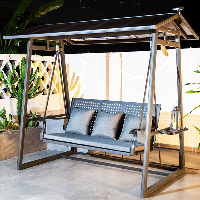 Dark Gray/Pecan Aluminum Porch Swing with Stand for 3/Seating for 2, Upholstered with Canopy and Stand