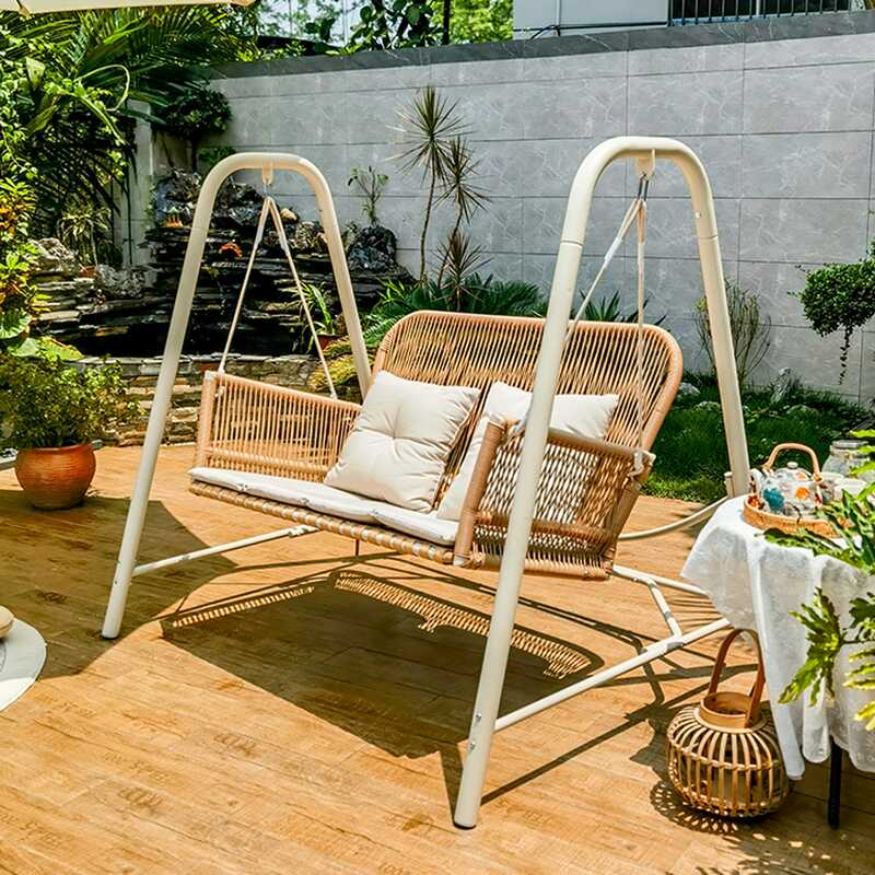 Beige Alloy Porch Swing with Stand and Upholstered Cushions with Chain
