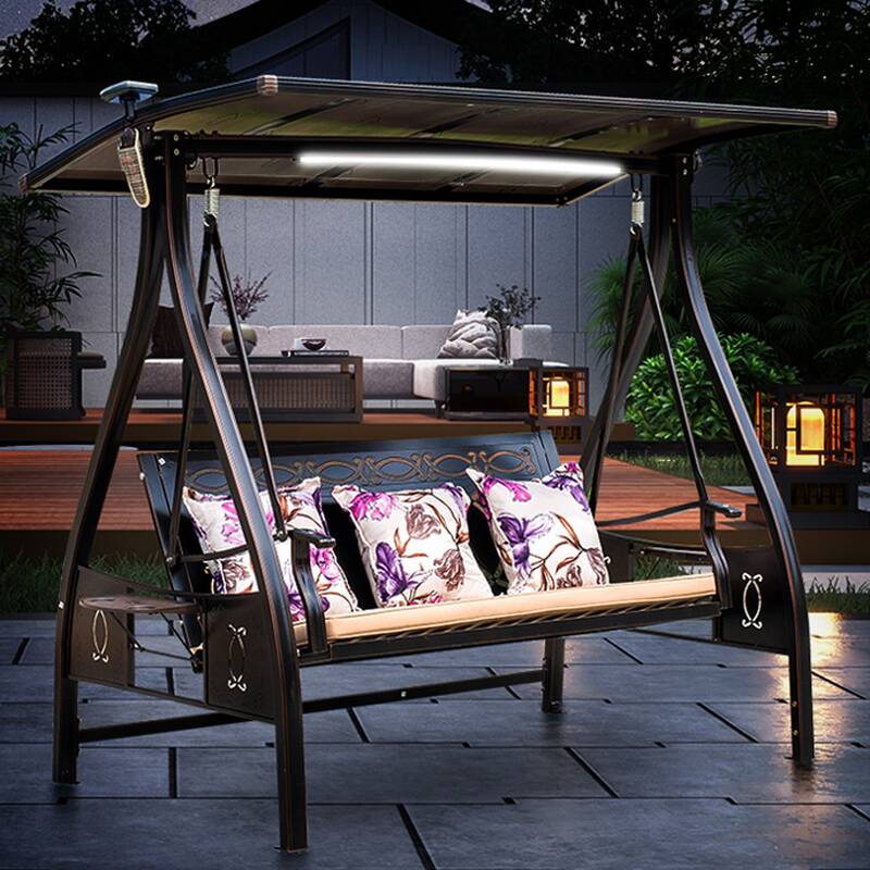 Dove Grey/Light Brown/Wood Grain Cane/Aluminum Porch Swing with Stand for 3/Seating for 2/4 People, Upholstered with Canopy and Stand